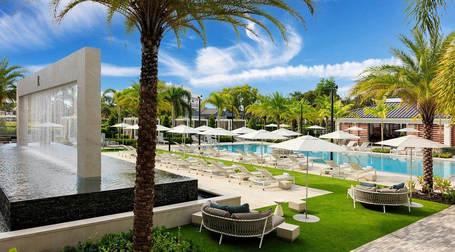 Hotel pool deck and water feature